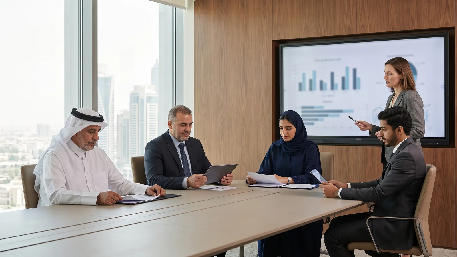 A two-generation family board reviews papers while an adviser presents charts on a wall screen