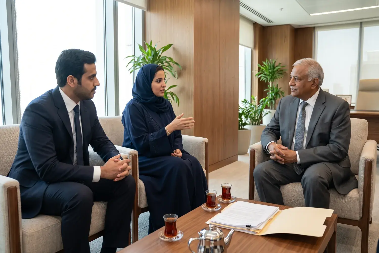A first meeting at a family business head office: three people talk over tea