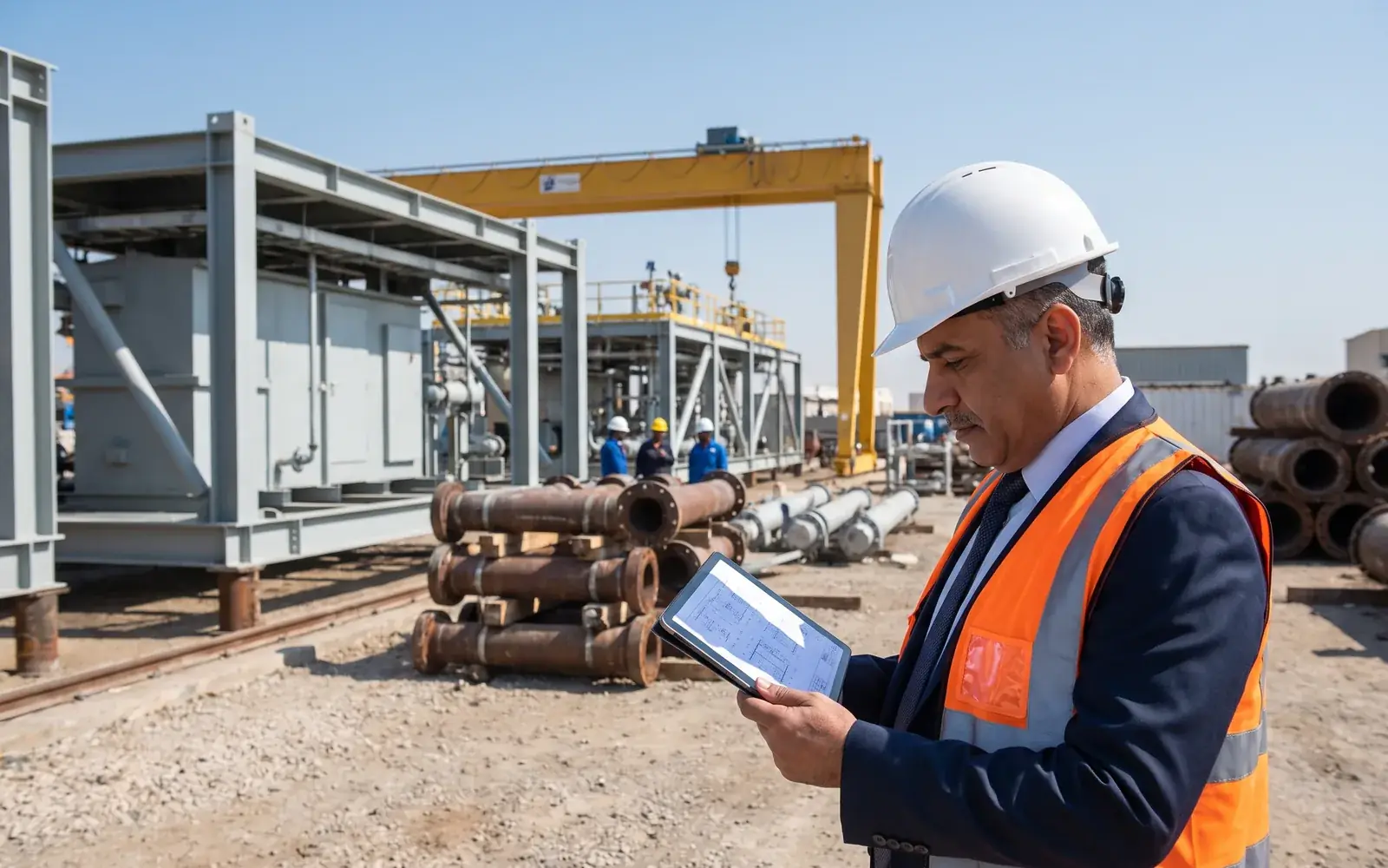 Executive in a suit, hard hat and hi-vis checking drawings on a tablet in a steel fabrication yard