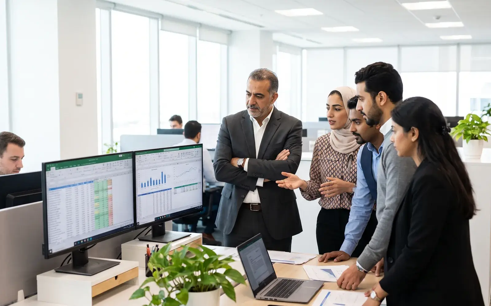 A CFO and finance team review month-end figures on two monitors in a bright open-plan office