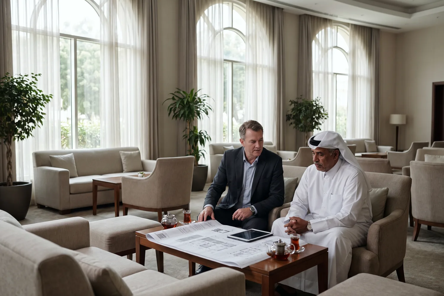 An executive and a hotel owner review a plan over tea in a quiet, daylit hotel lounge
