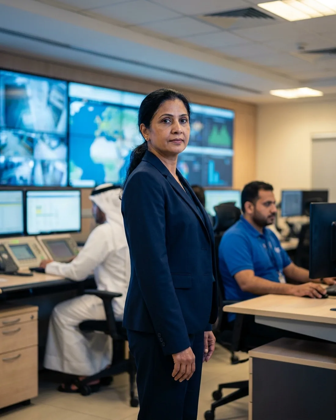 An executive standing in a logistics control room with wall screens and operators behind